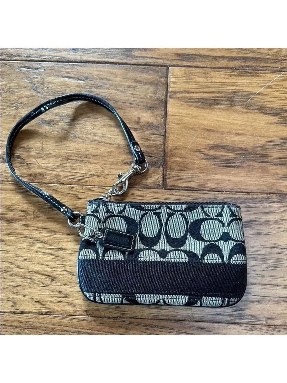Coach Black Cream Signature Leather Small Wristlet Wallet